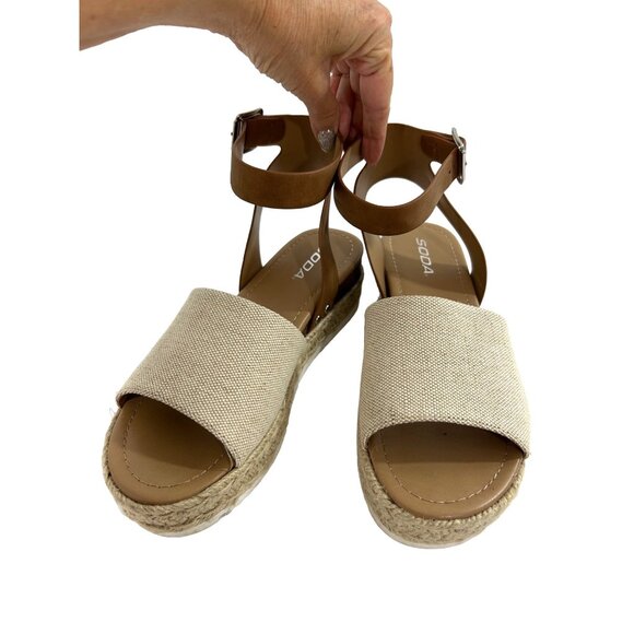 Soda Tuckin Sandals 9 Espadrilles Wedge Platform Tan Brown Ankle Strap Open Toe - Picture 3 of 14